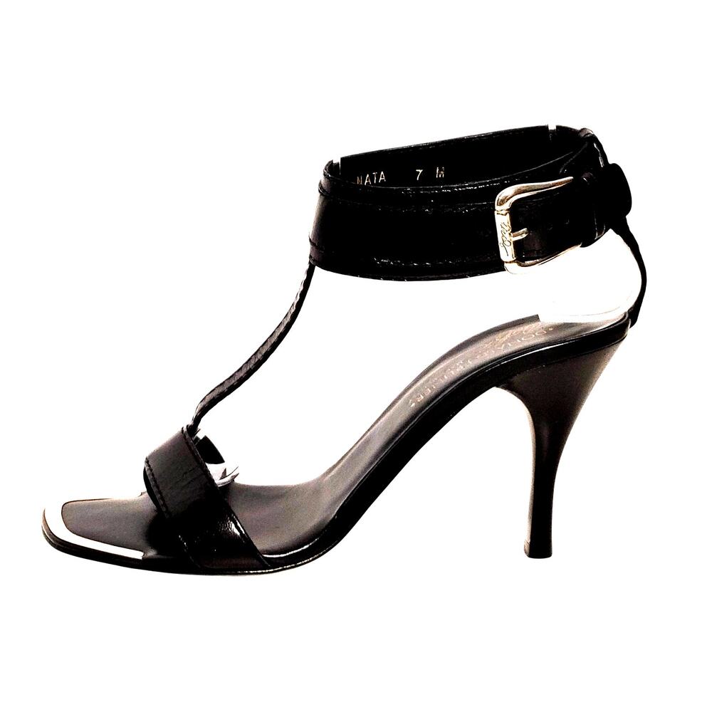 Donald J Pliner T-Strap Heel Sandals Open Toe Buckle Black Leather Womens US 7M